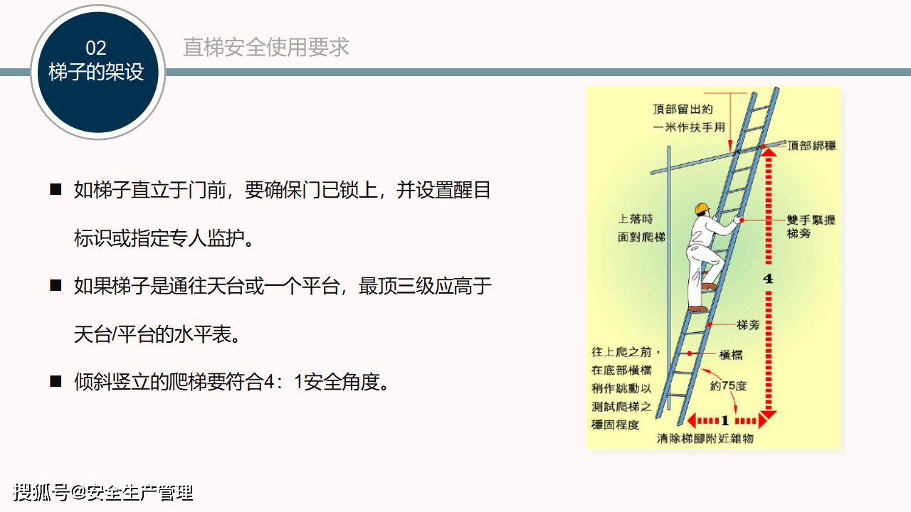 梯子工作时与地面角度是几度,梯子上工作时梯子与地面倾斜角度为多少度